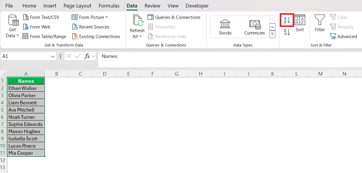 Define Sort in Excel