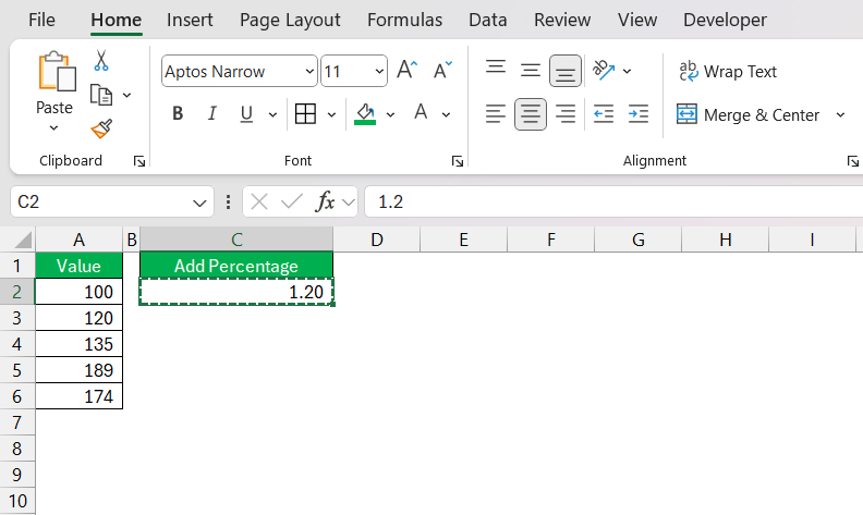 How to add percentage in excel