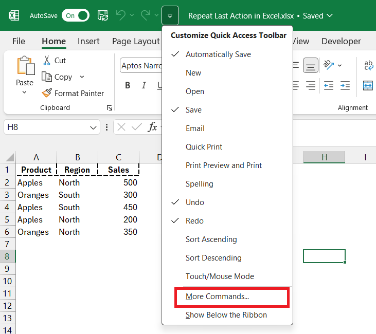 Repeat Last Action in Excel