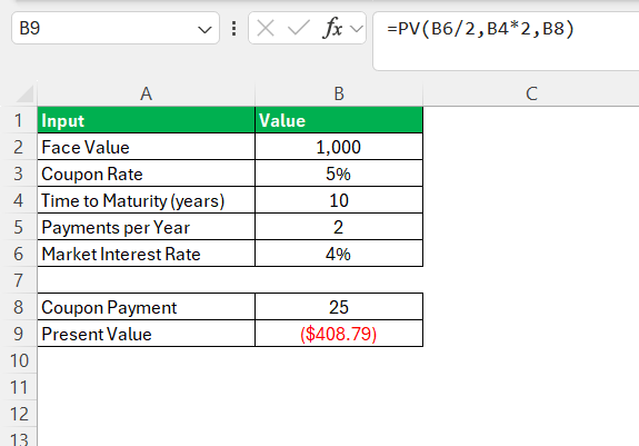 Bond valuation calculator in Excel