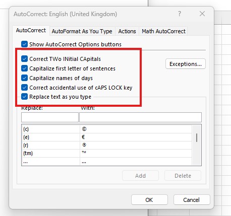 Autocorrect in Excel