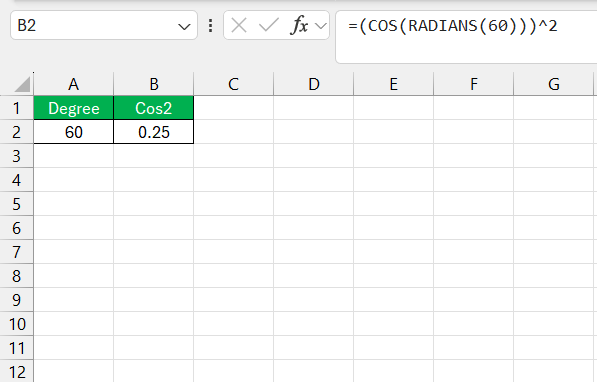 Cos 2 in Excel