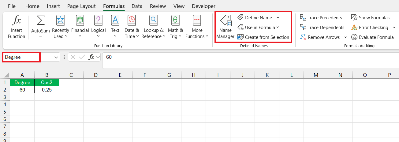 Cos 2 in Excel