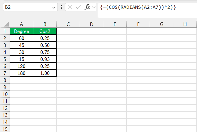 Cos 2 in Excel