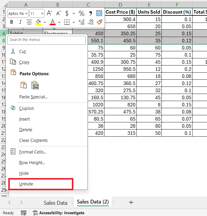 How to Unhide Rows in Excel