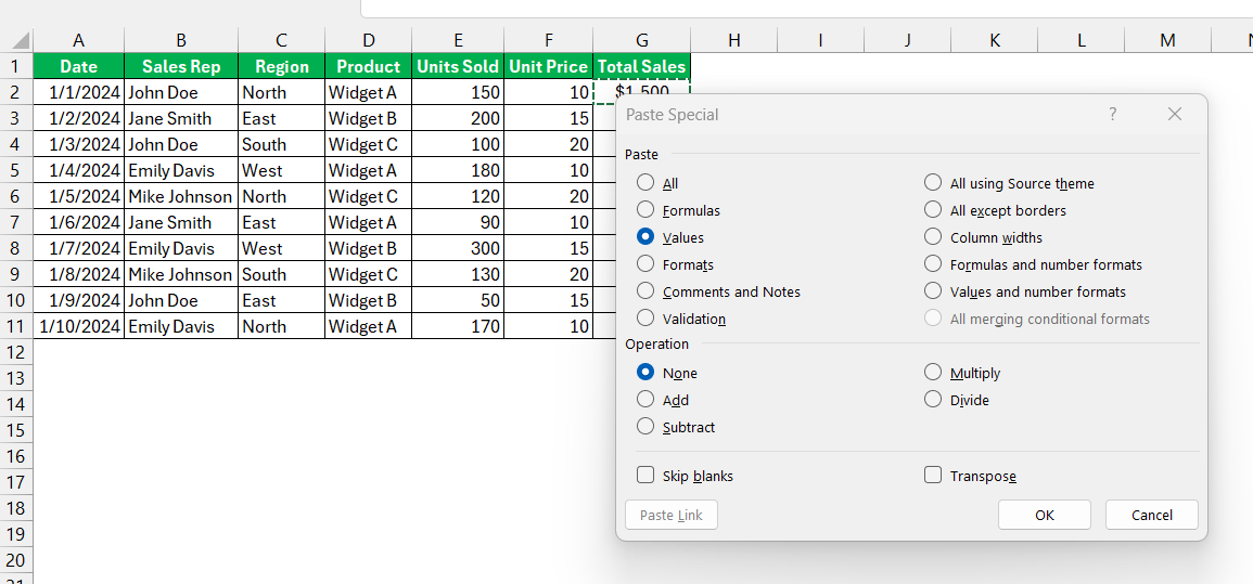 Paste as Values Shortcut in Excel