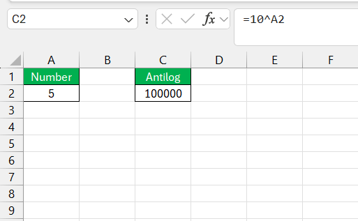 Inverse of Log in Excel