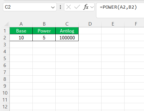 Inverse of Log in Excel