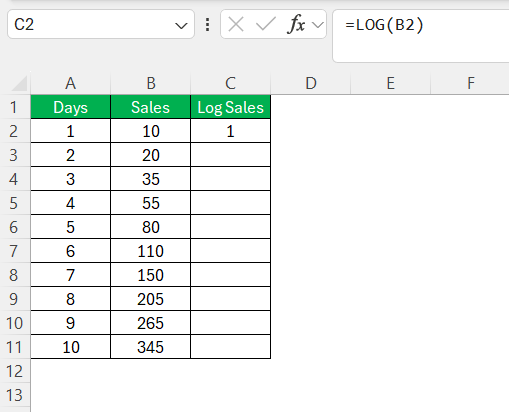 Logarithmic Growth in Excel