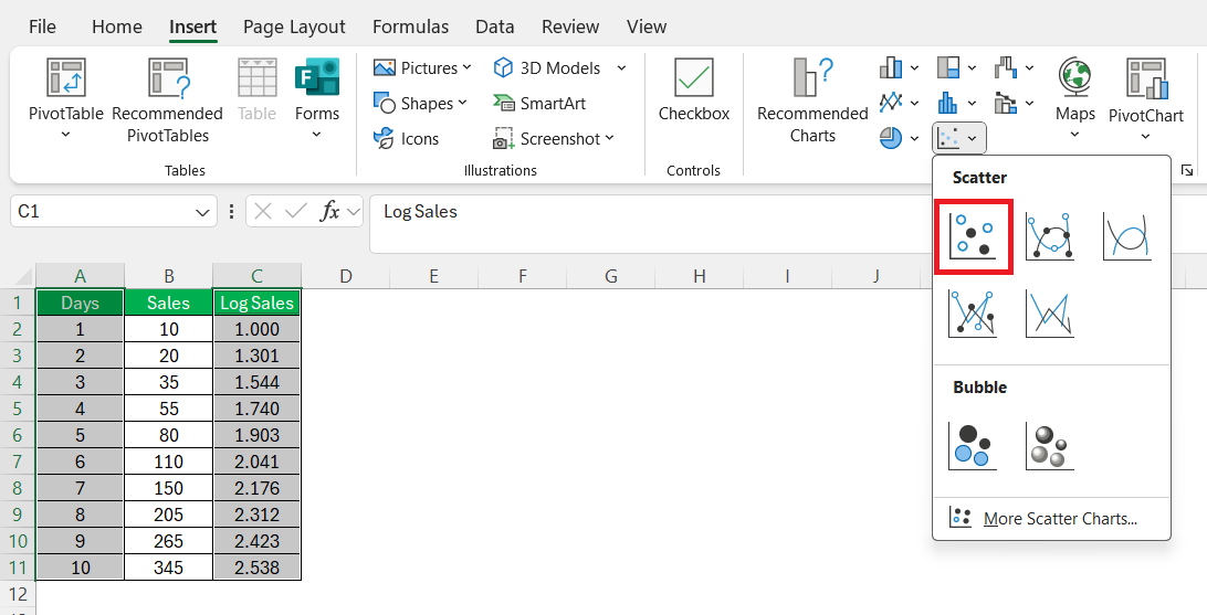 Logarithmic Growth in Excel