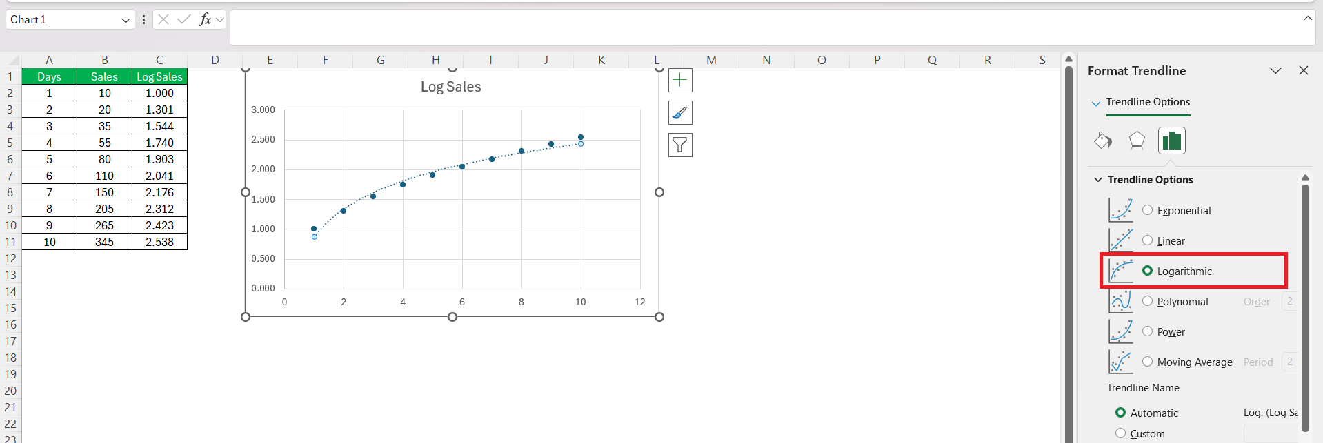 Logarithmic Growth in Excel