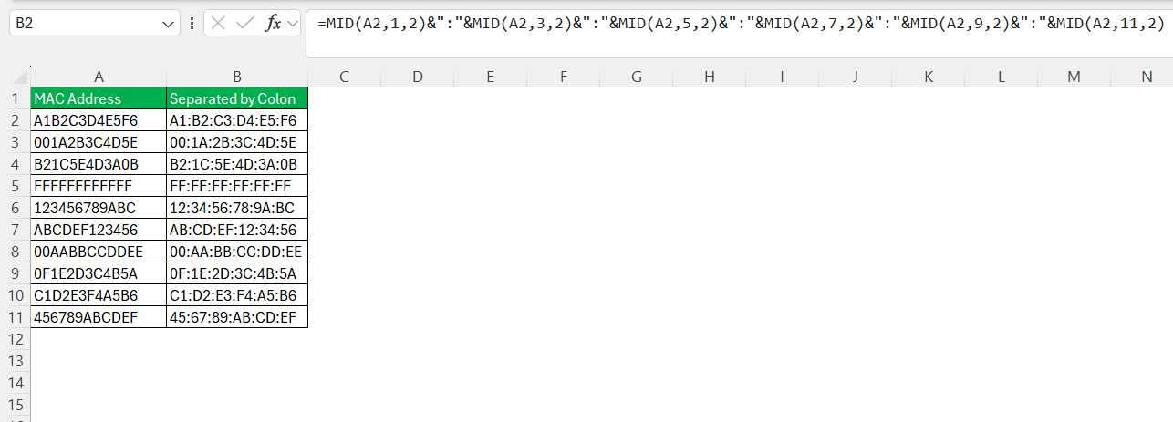 MAC Address Format in Excel