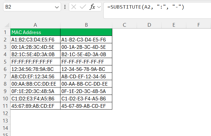 MAC Address Format in Excel