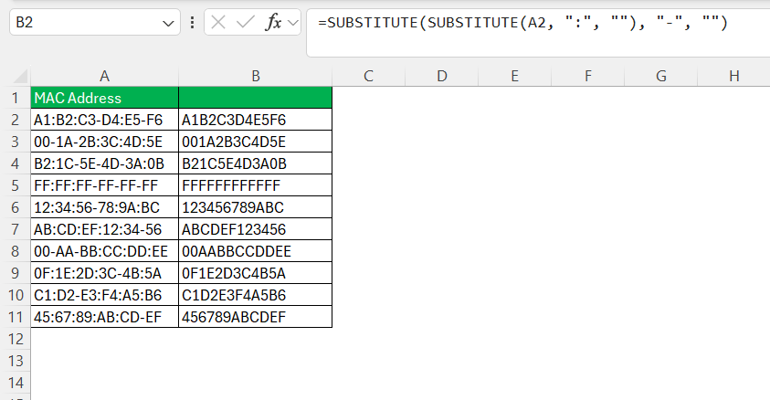 MAC Address Format in Excel