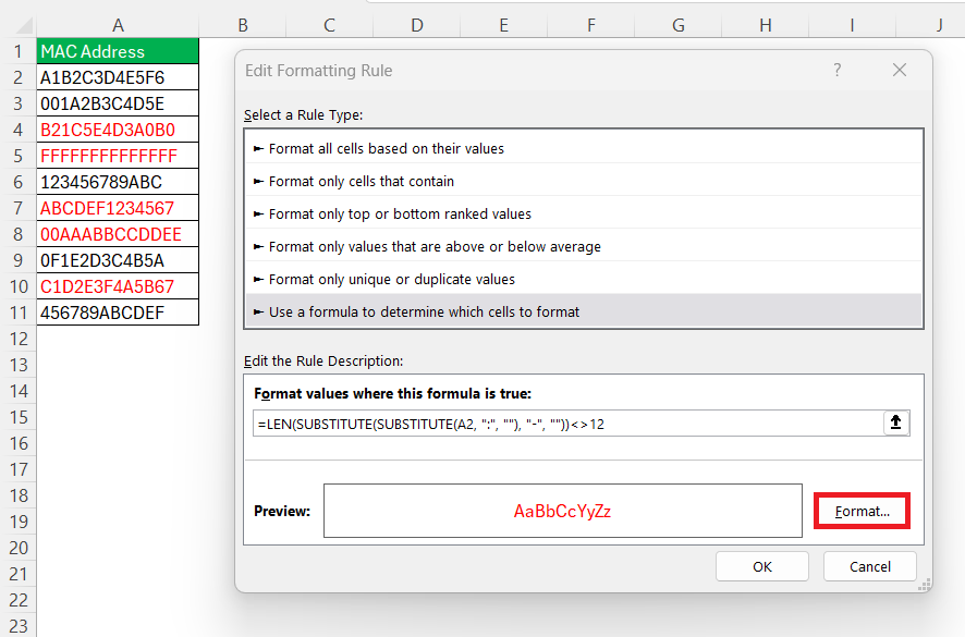 MAC Address Format in Excel