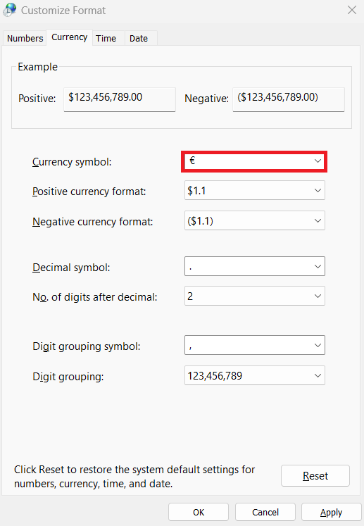 Different Currency Symbols in Excel