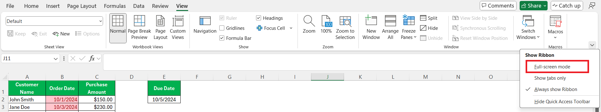 Full screen shortcut in Excel