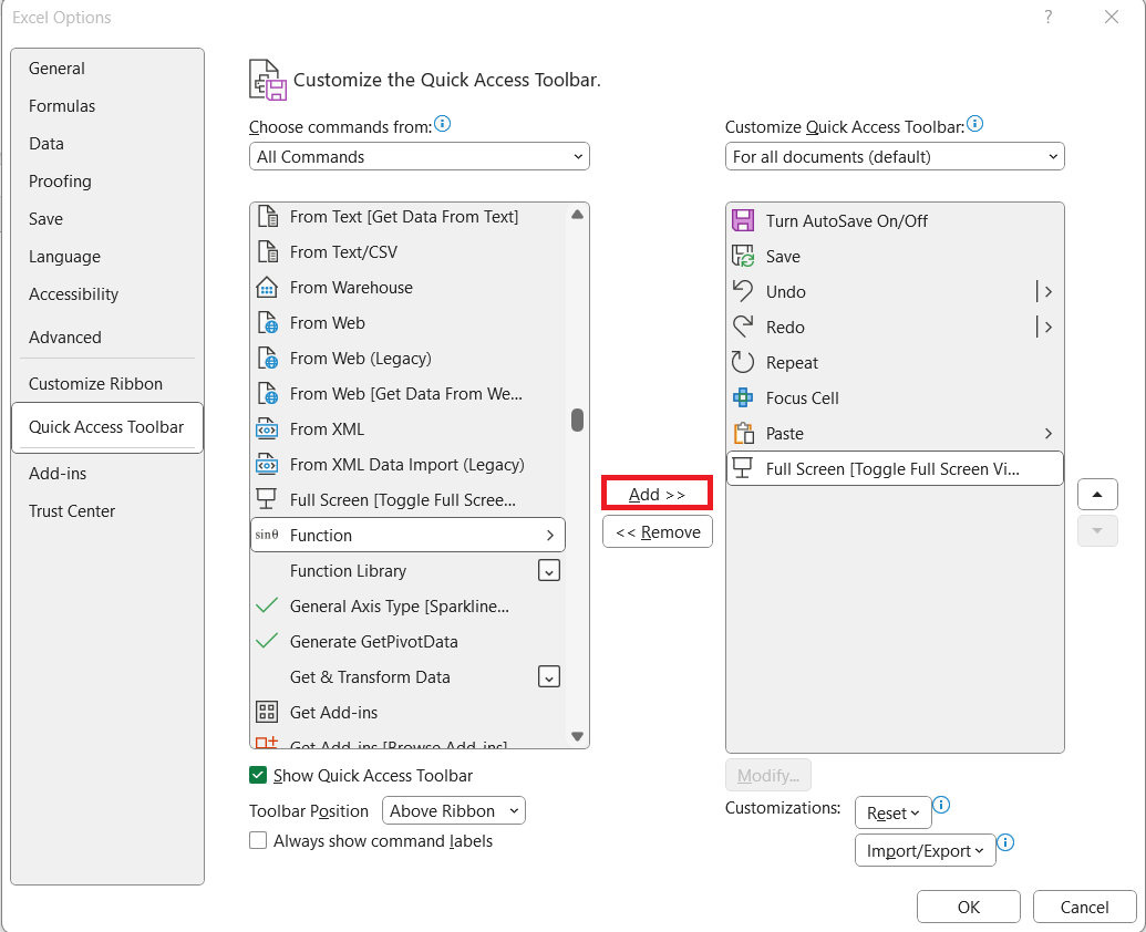 Full screen shortcut in Excel