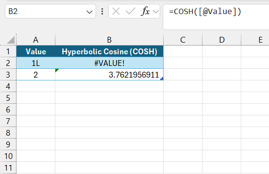 COSH Function in Excel