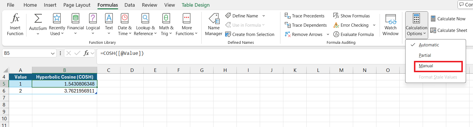 COSH Function in Excel