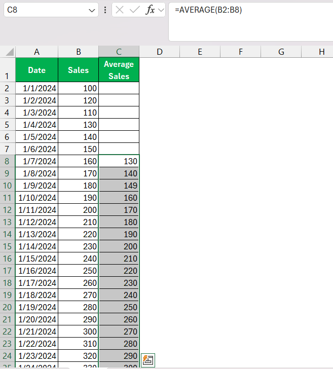 Rolling Average in Excel