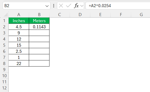 Inches to Meters in Excel