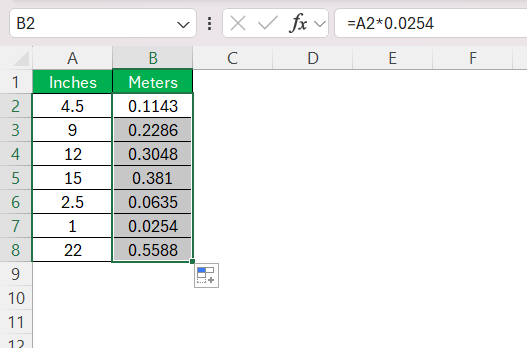 Inches to Meters in Excel