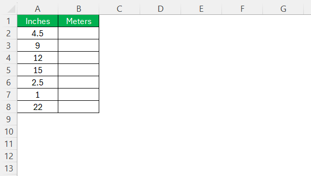 Inches to Meters in Excel