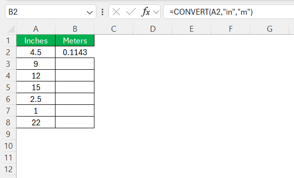 Inches to Meters in Excel