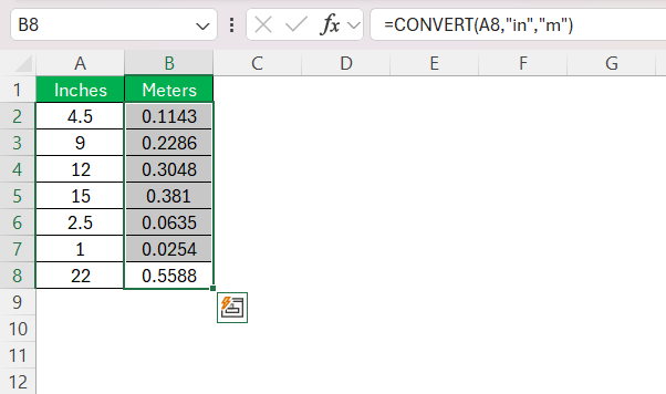 Inches to Meters in Excel