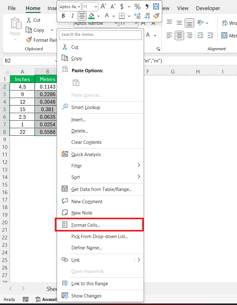 Inches to Meters in Excel