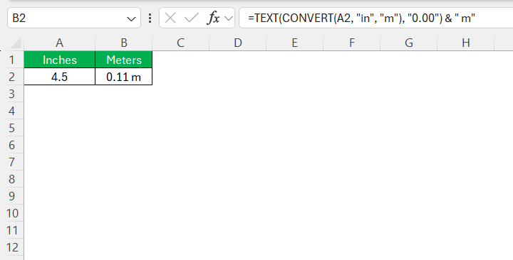 Inches to Meters in Excel