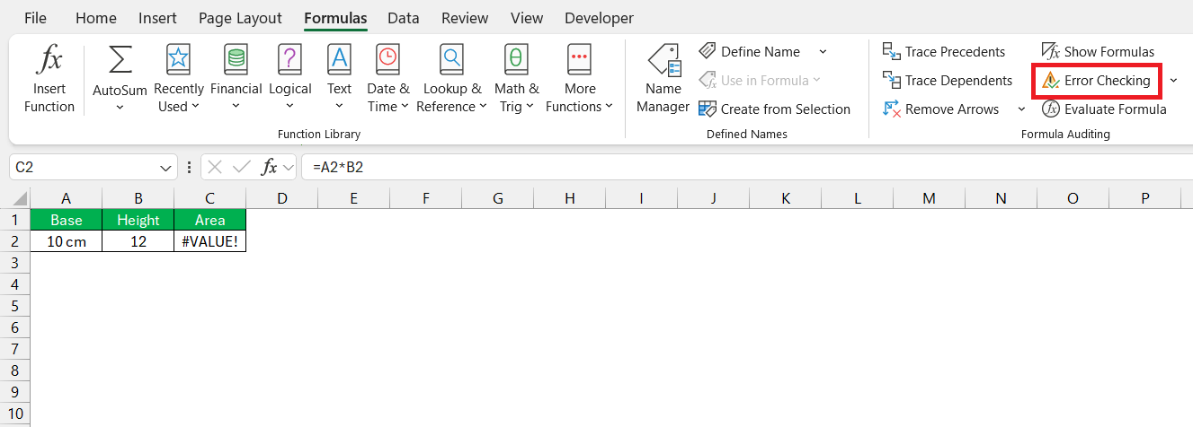 Area of Parallelogram Formula in Excel