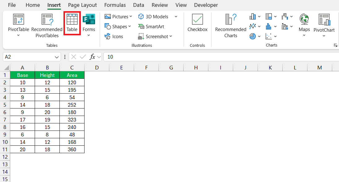 Area of Parallelogram Formula in Excel