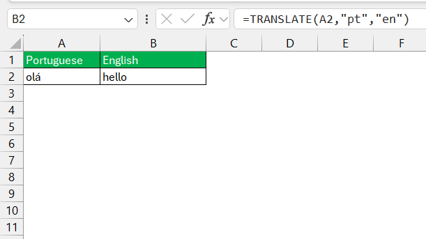 Translate Portuguese to English in Excel