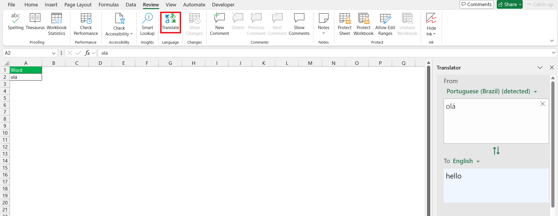 Translate Portuguese to English in Excel