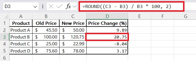 Calculate Differences in Excel