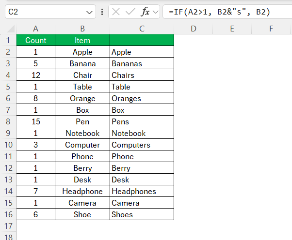 Plurals in Excel