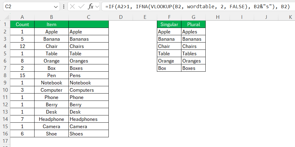 Plurals in Excel