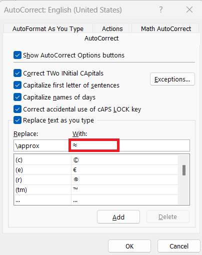 Insert Approximate Symbol in Excel