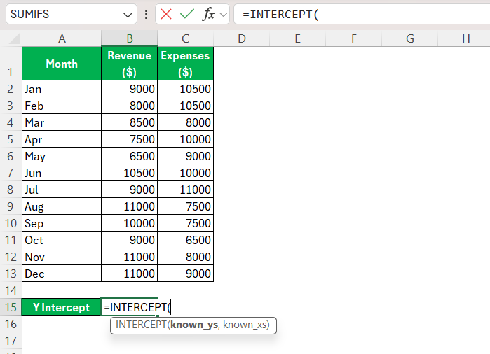 Calculate X Intercept in Excel