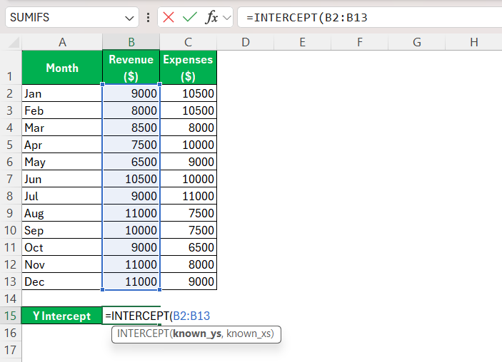 Calculate X Intercept in Excel