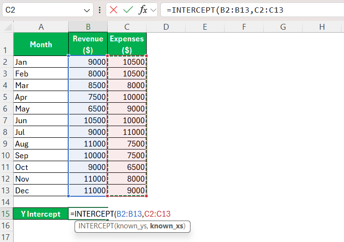 Calculate X Intercept in Excel