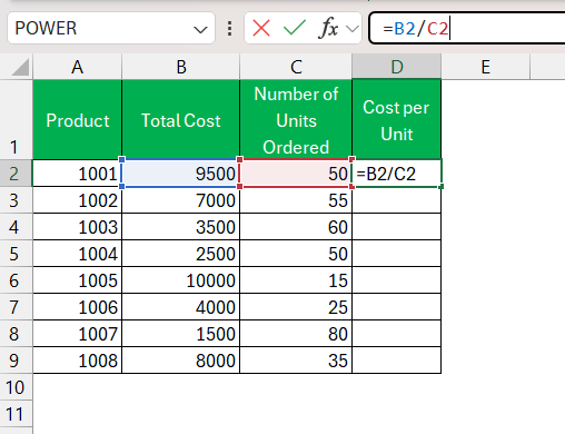 Per Unit Price in Excel