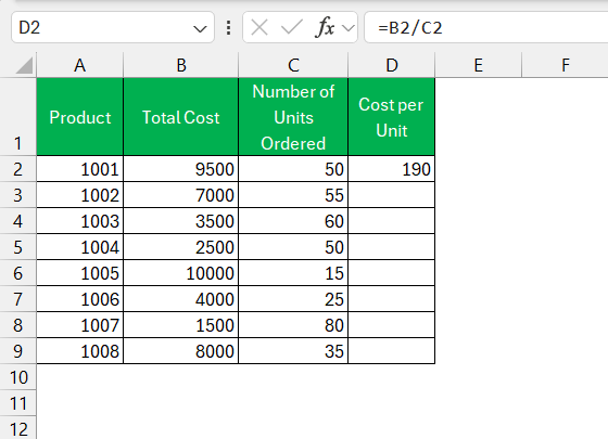 Per Unit Price in Excel