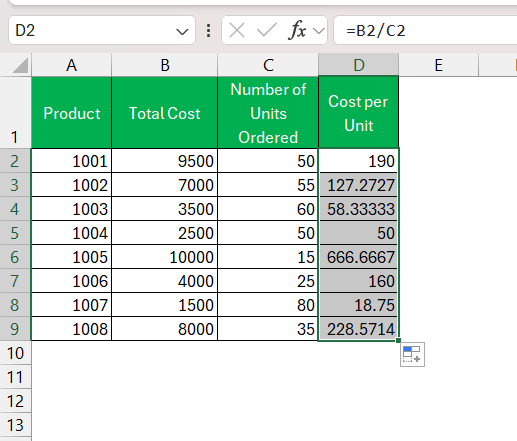 Per Unit Price in Excel