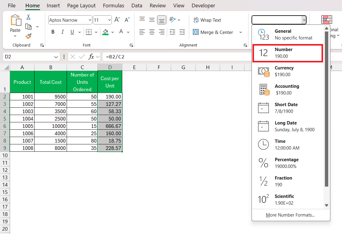 Per Unit Price in Excel