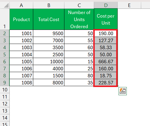 Per Unit Price in Excel