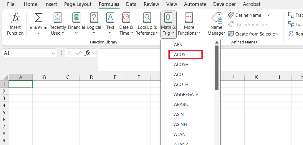 Inverse Cosine in Excel