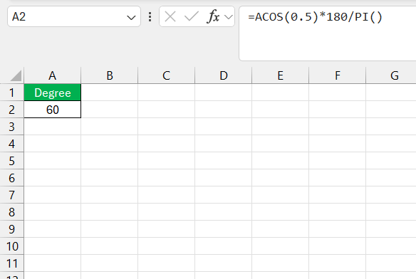 Inverse Cosine in Excel